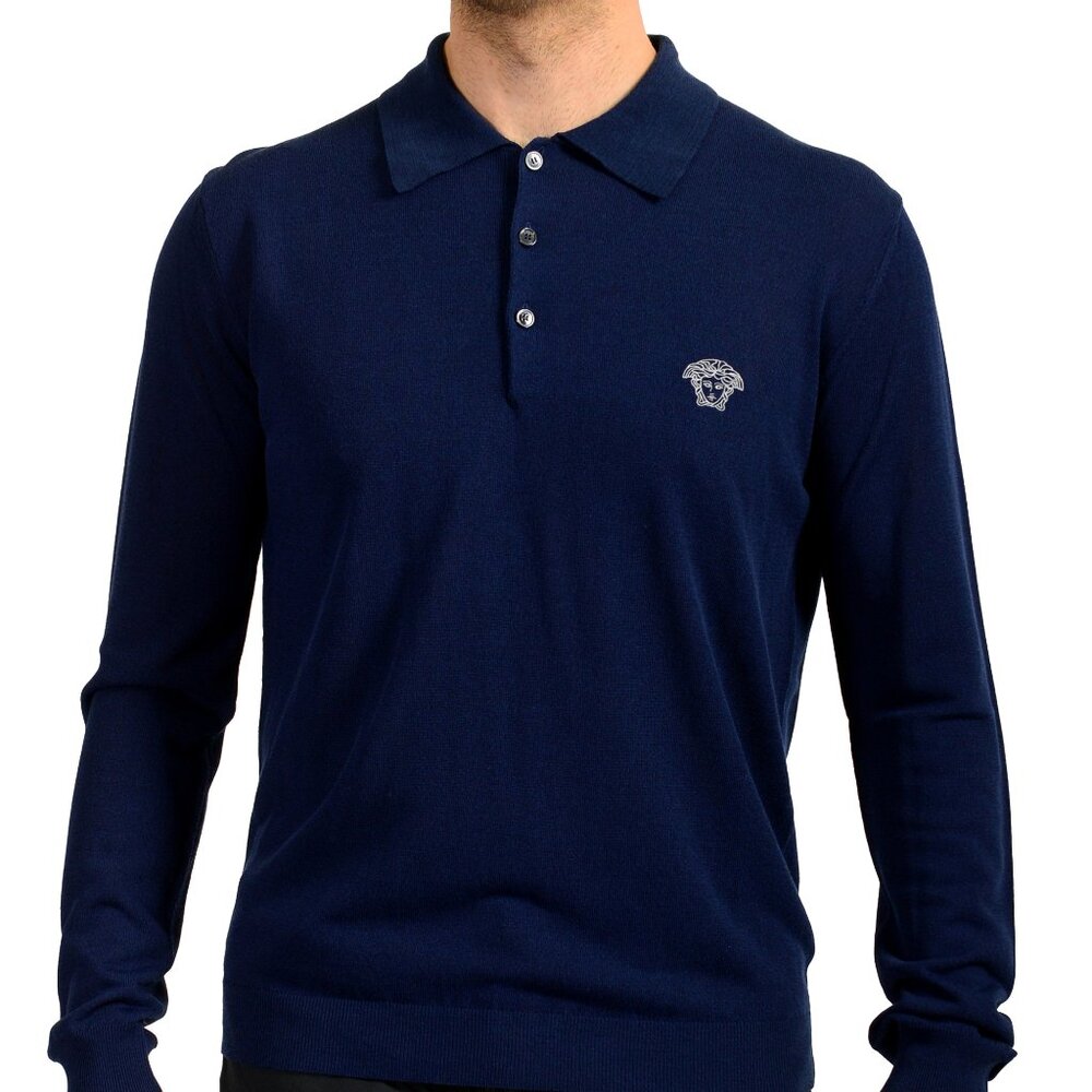 Versace Men's Blue Medusa Piquet Embroidery Knit L/S Polo Shirt US S IT 48